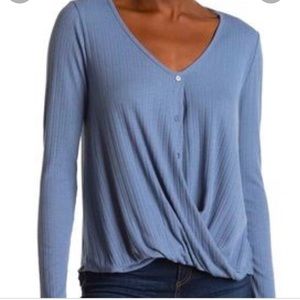 WHITE WILLOW Gray Waffle Knit Faux Button Faux Wrap Long Sleeve Medium